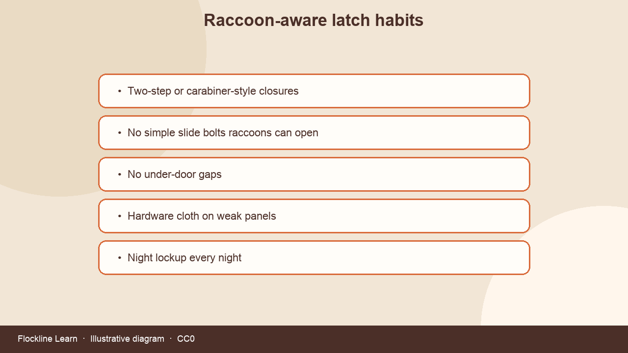 Raccoon-aware latch and night lockup checklist for chicken coops