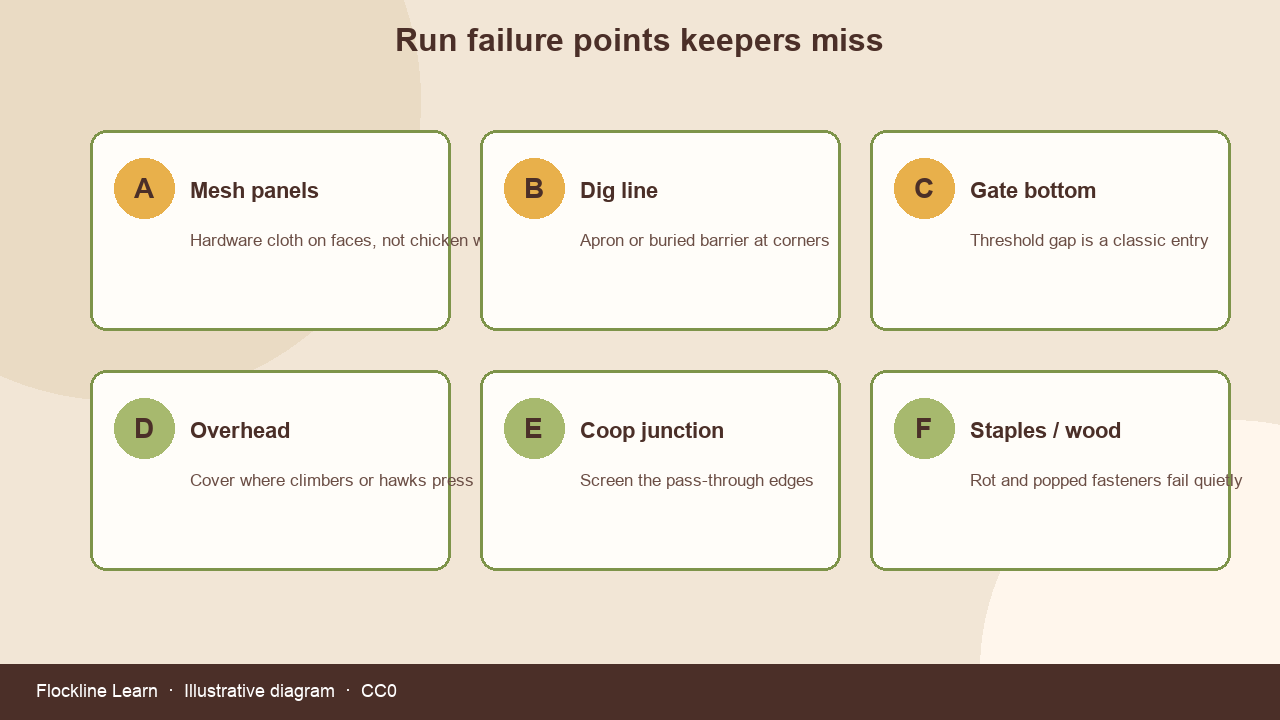 Six common chicken run failure points: mesh, dig line, gate bottom, overhead, coop junction, staples