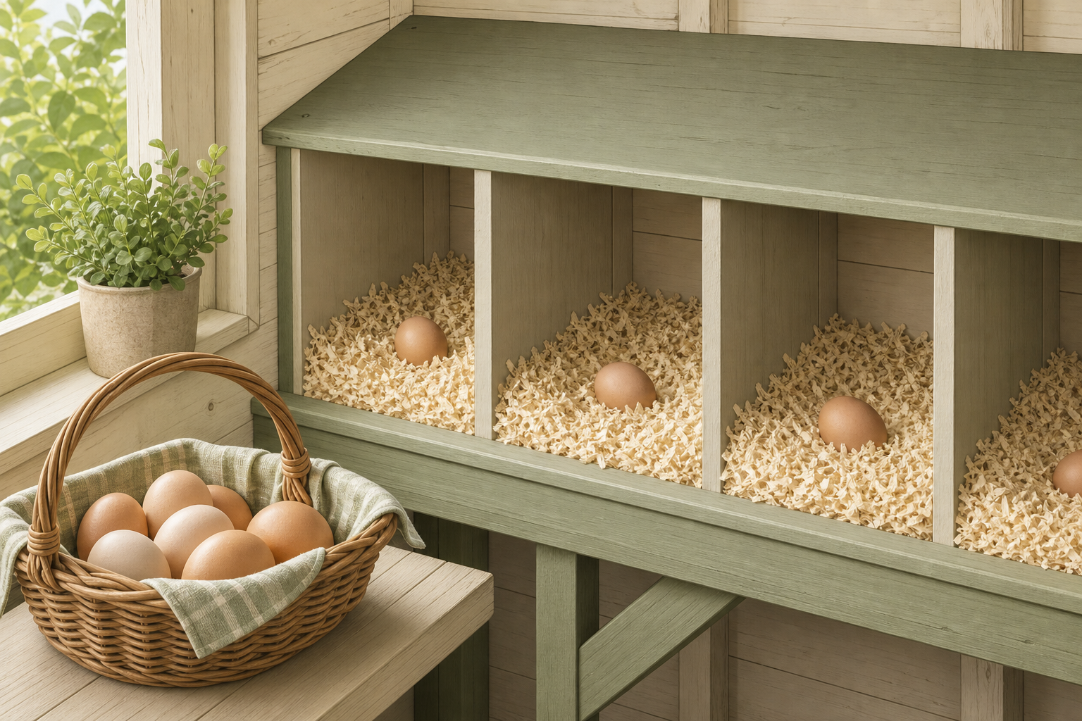 Illustration of clean nesting boxes and collected eggs
