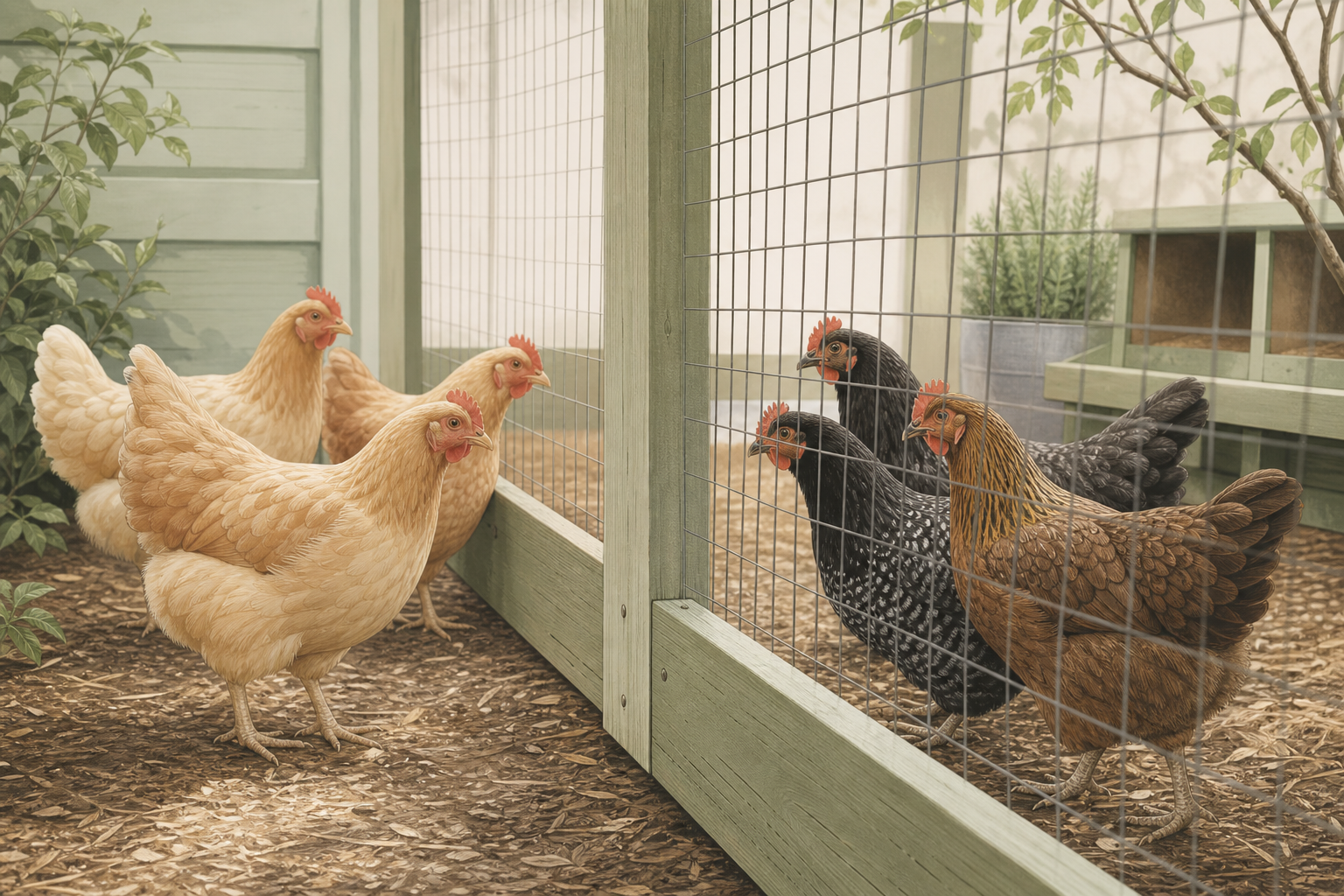 Illustration of two chicken groups separated by a wire barrier for introduction