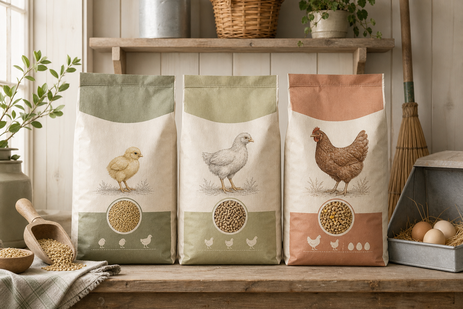 Illustration of starter grower and layer chicken feed stages