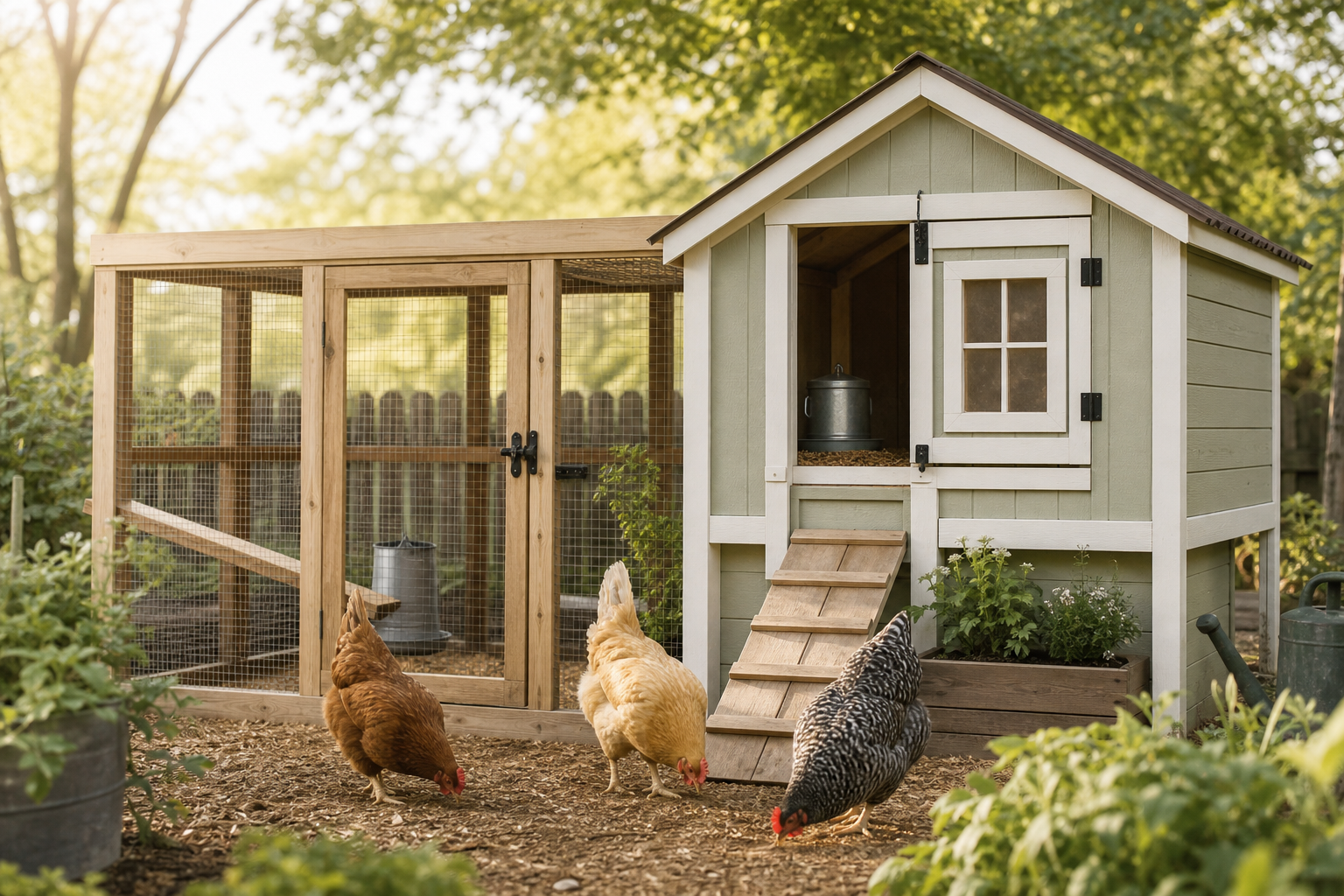 Illustration of a simple backyard chicken coop and run for beginners