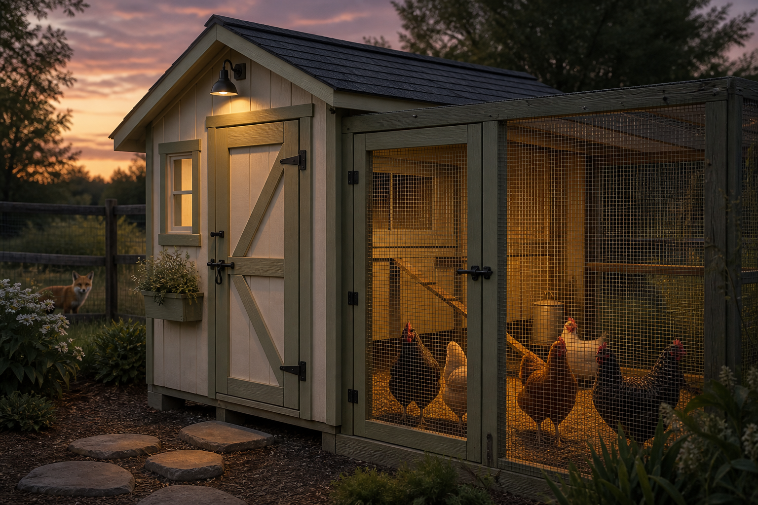 Illustration of a secure chicken coop at dusk after a predator scare