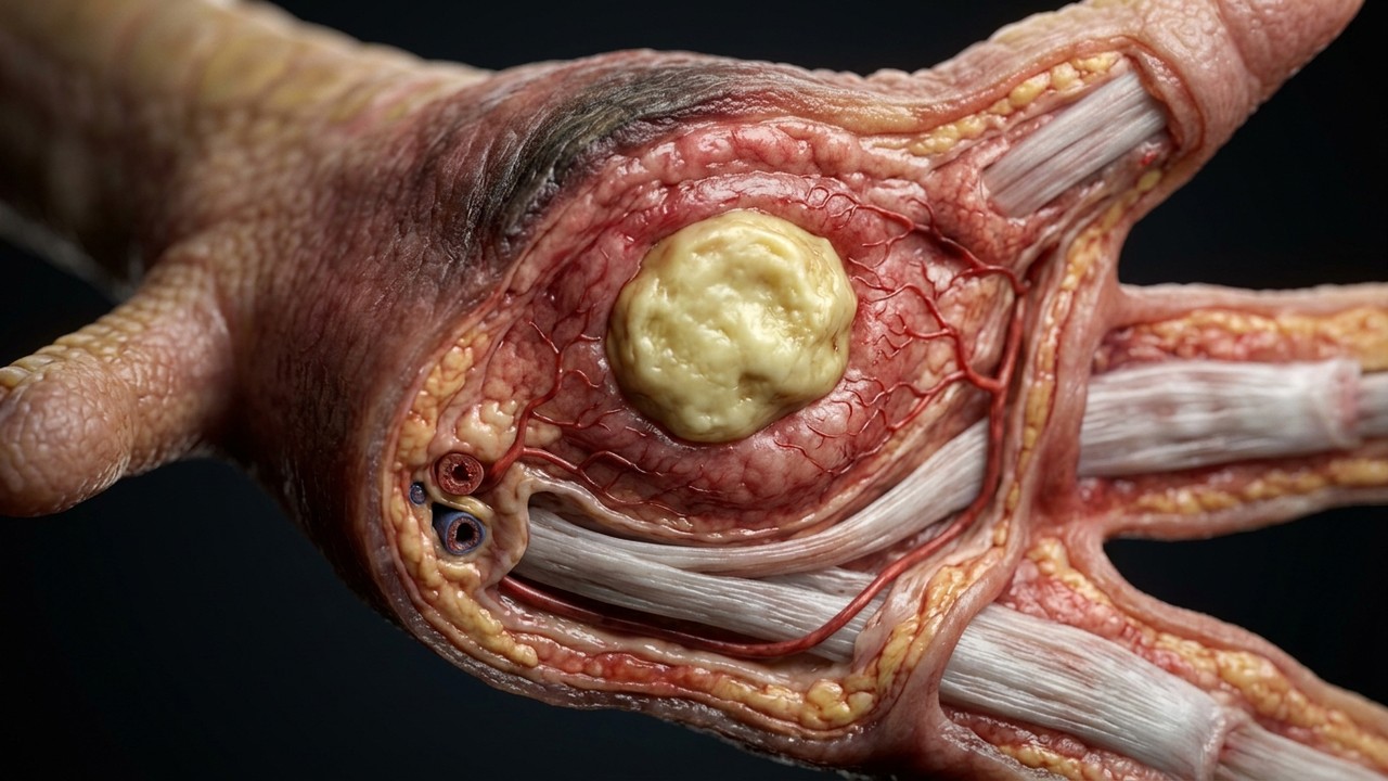 Veterinary 3D medical anatomical cross-section showing caseous staph abscess kernel in chicken foot pad flexor tendons