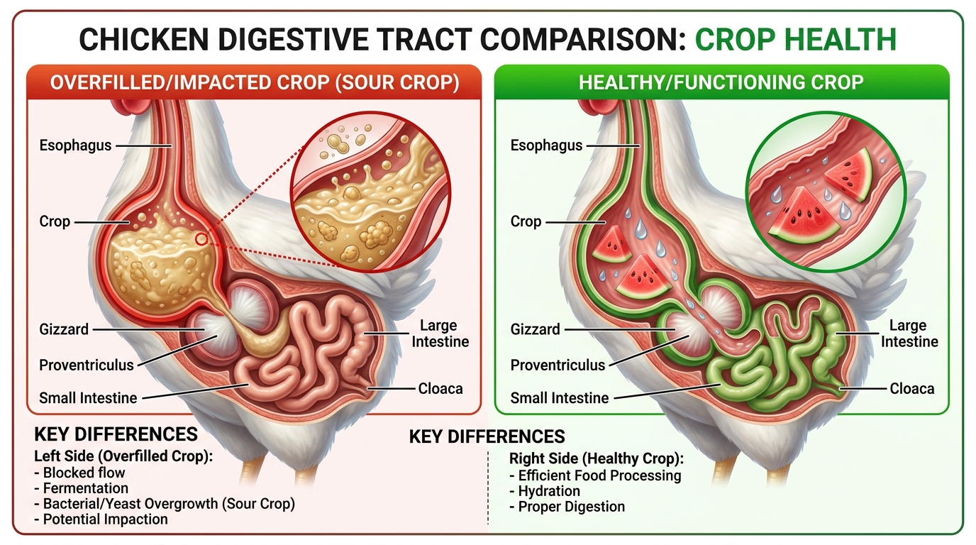 Roostys-style 3D anatomical cutaway comparing sour crop fermentation from warm watermelon against healthy clear crop hydration