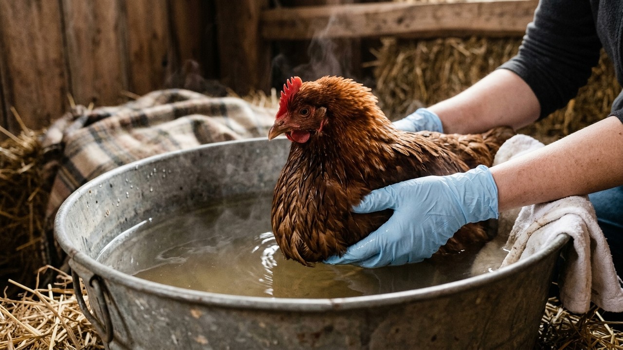 Authentic photography of an egg-bound hen receiving gentle warm Epsom salt water bath therapy in a rustic galvanized wash basin