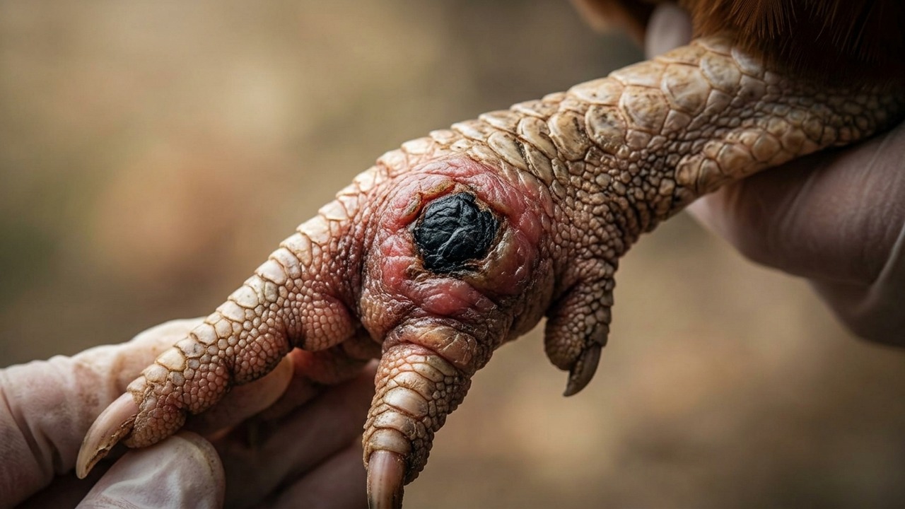 Macro photography of swollen chicken foot pad with circular black necrotic bumblefoot scab held in sterile examination gloves