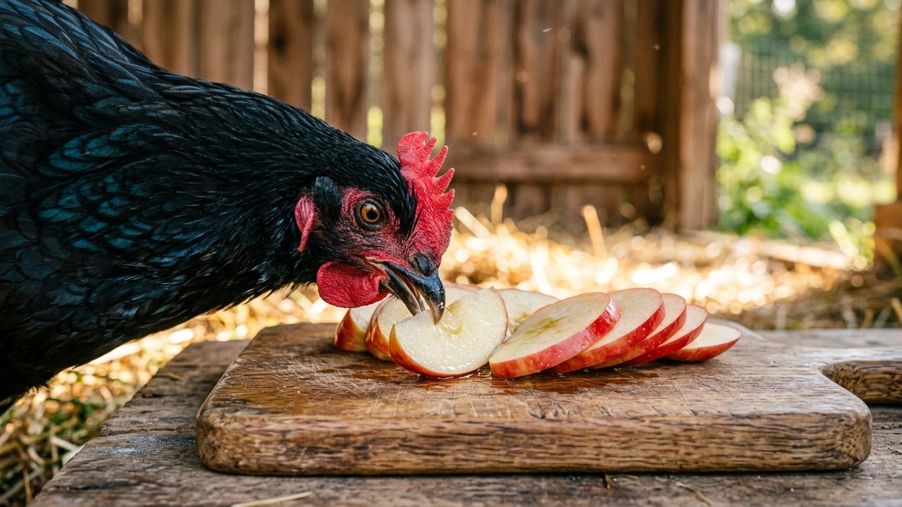 Black Australorp hen pecking cored Honeycrisp apple slices on a wooden cutting board