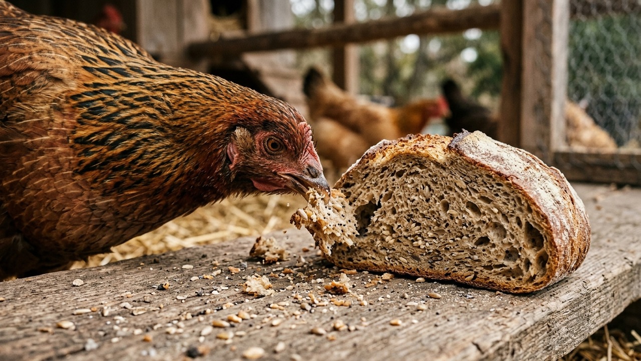 Hen pecking rustic wholegrain bread loaf on wooden coop perch