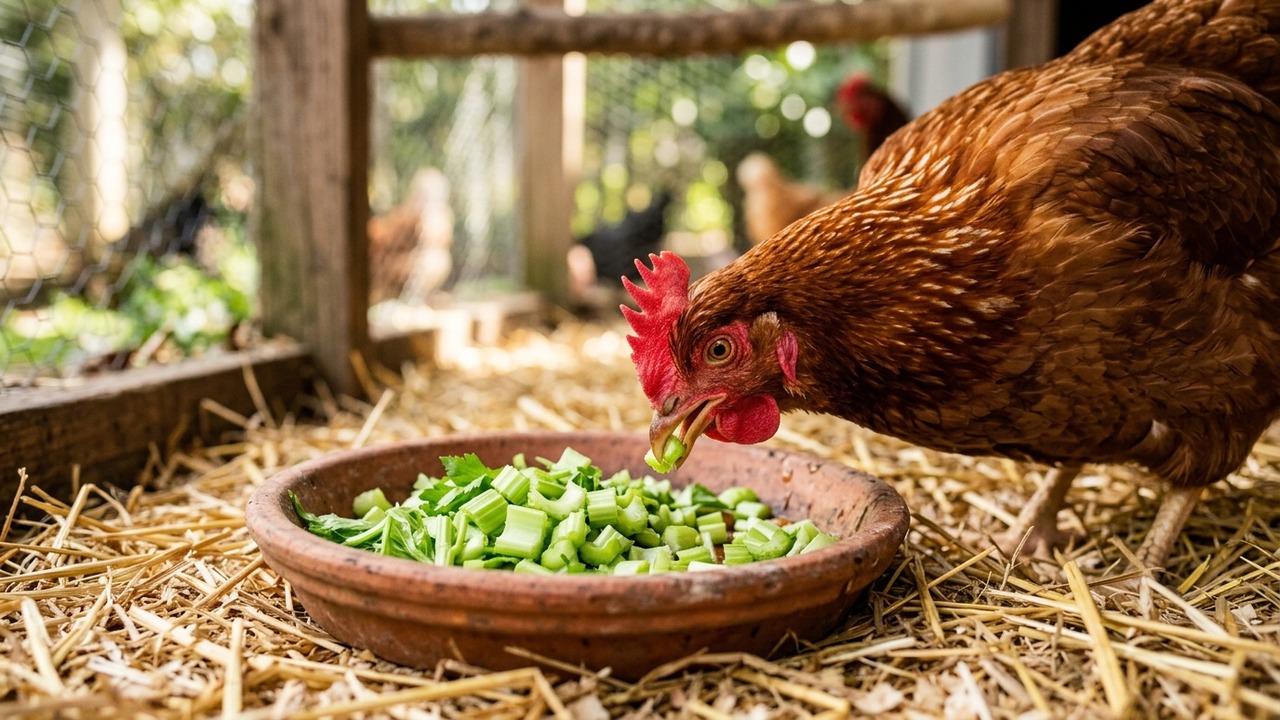 Hen pecking finely diced crisp green celery cubes from terracotta dish