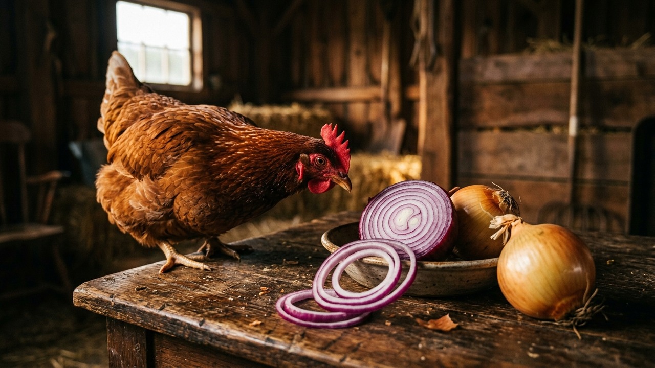 Curious hen inspecting sliced pungent red onion rings on rustic barn table