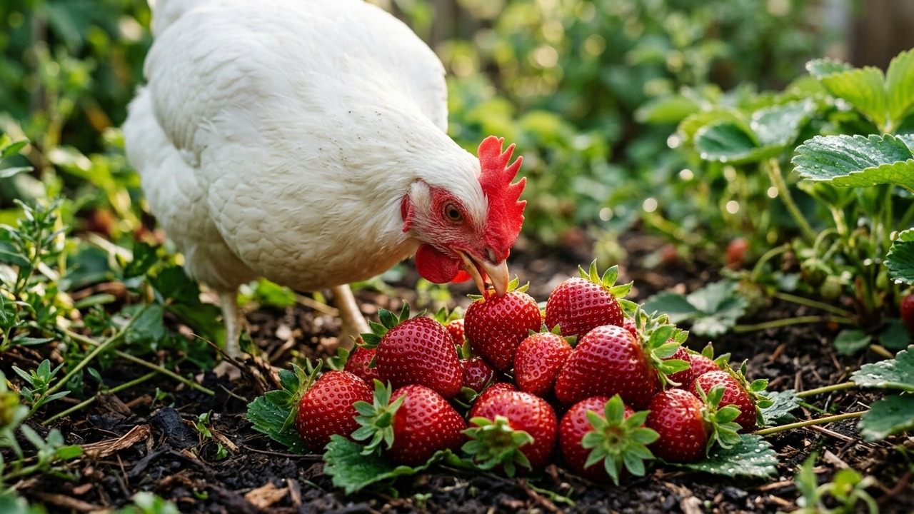 White Leghorn hen eating fresh ruby strawberries on garden soil