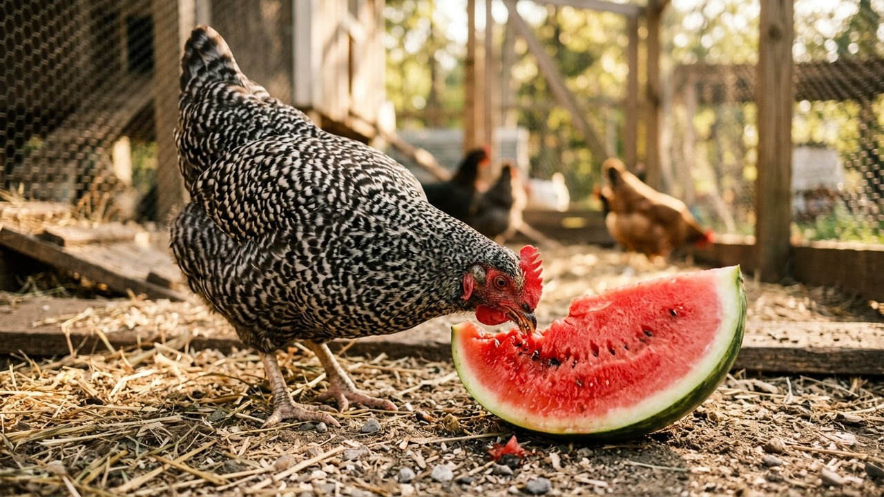Barred Rock hen pecking fresh red juicy watermelon wedge on coop soil