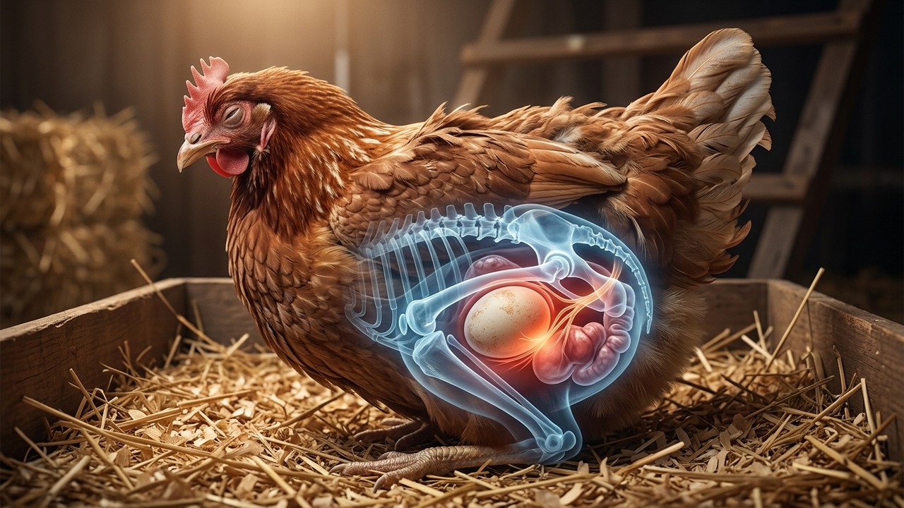 Translucent 3D veterinary X-ray anatomical cutaway of egg-bound hen in nest box showing stuck calcified egg lodged in oviduct