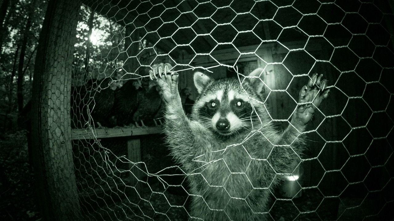 Night-vision trail-camera photography of raccoon tearing through chicken wire mesh at coop perimeter