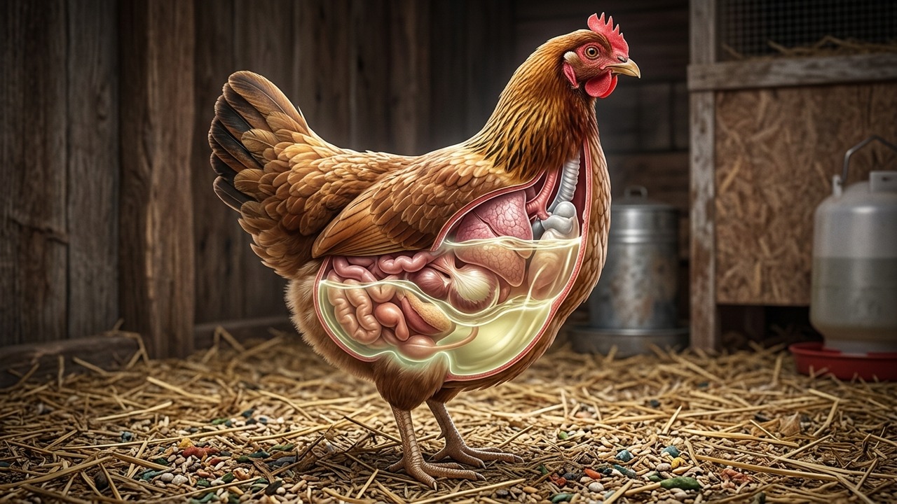 Translucent 3D veterinary anatomical cutaway showing poultry ascites fluid pooling in lower abdomen and compressing thoracic air sacs