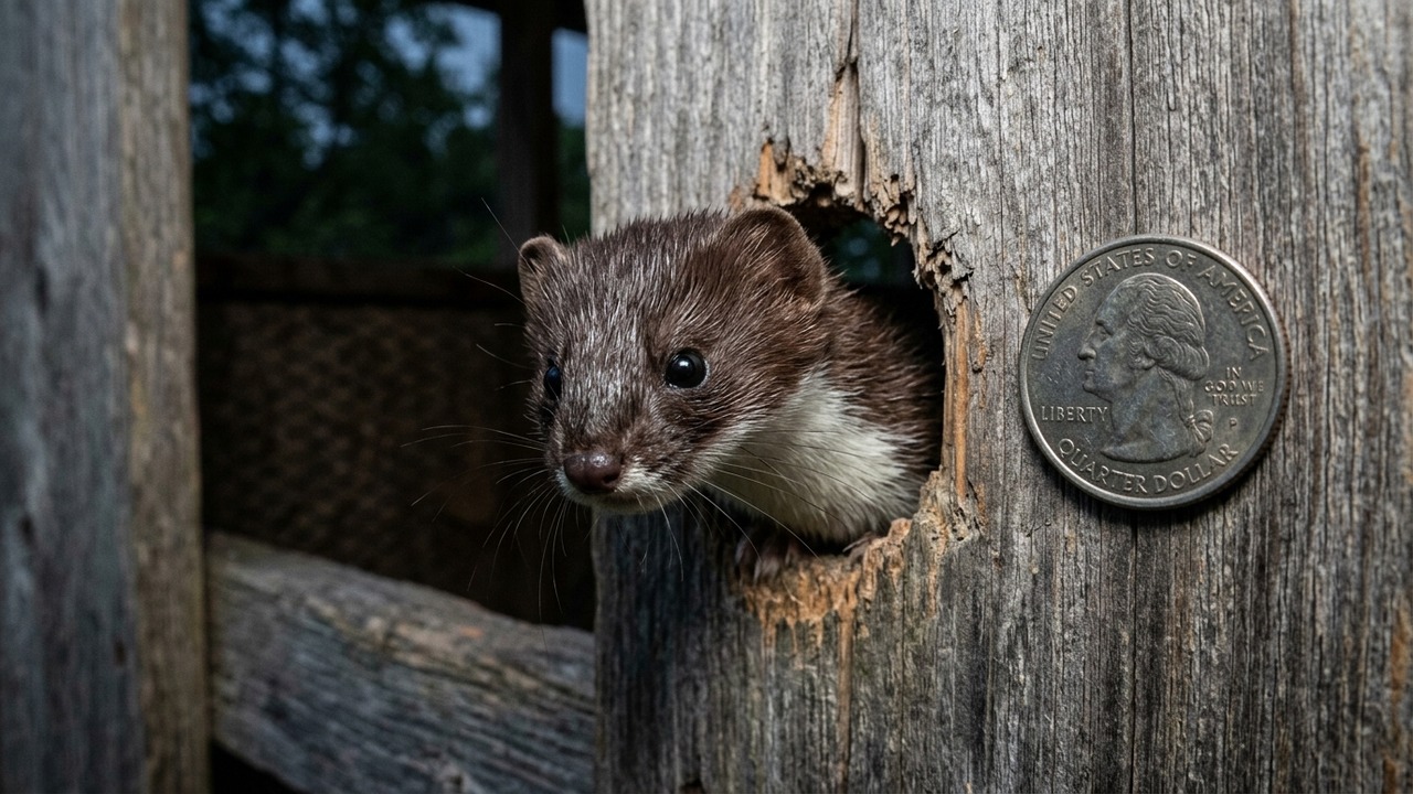 Close-up of least weasel squeezing flexible skull and body through a wooden knothole gap into chicken coop