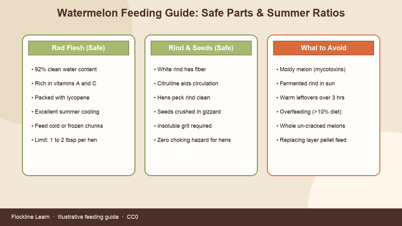 Infographic chart showing safe watermelon feeding parts, rind, seeds, and summer serving tips for chickens