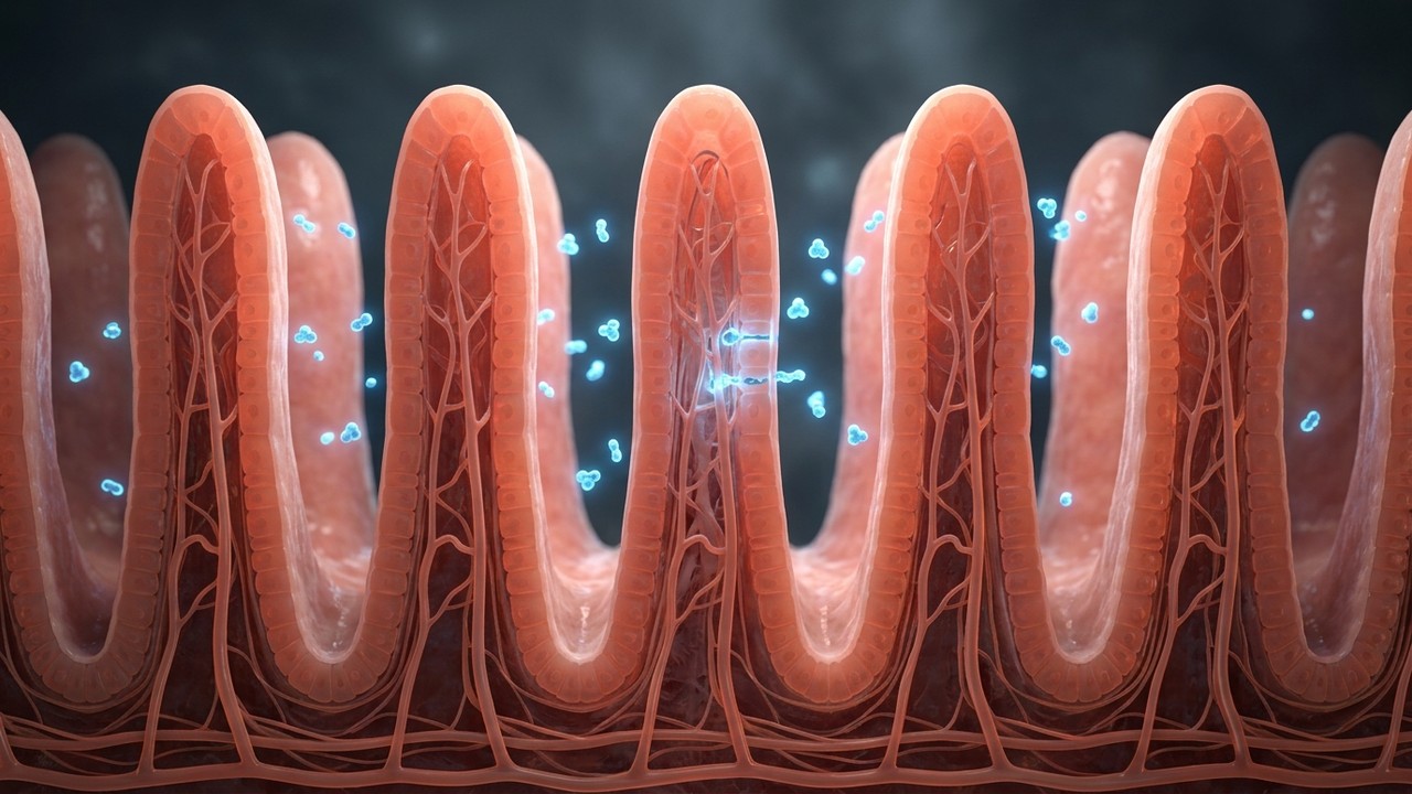 Photorealistic 3D medical microscopic render of poultry intestinal lining gut wall and mucosal barrier